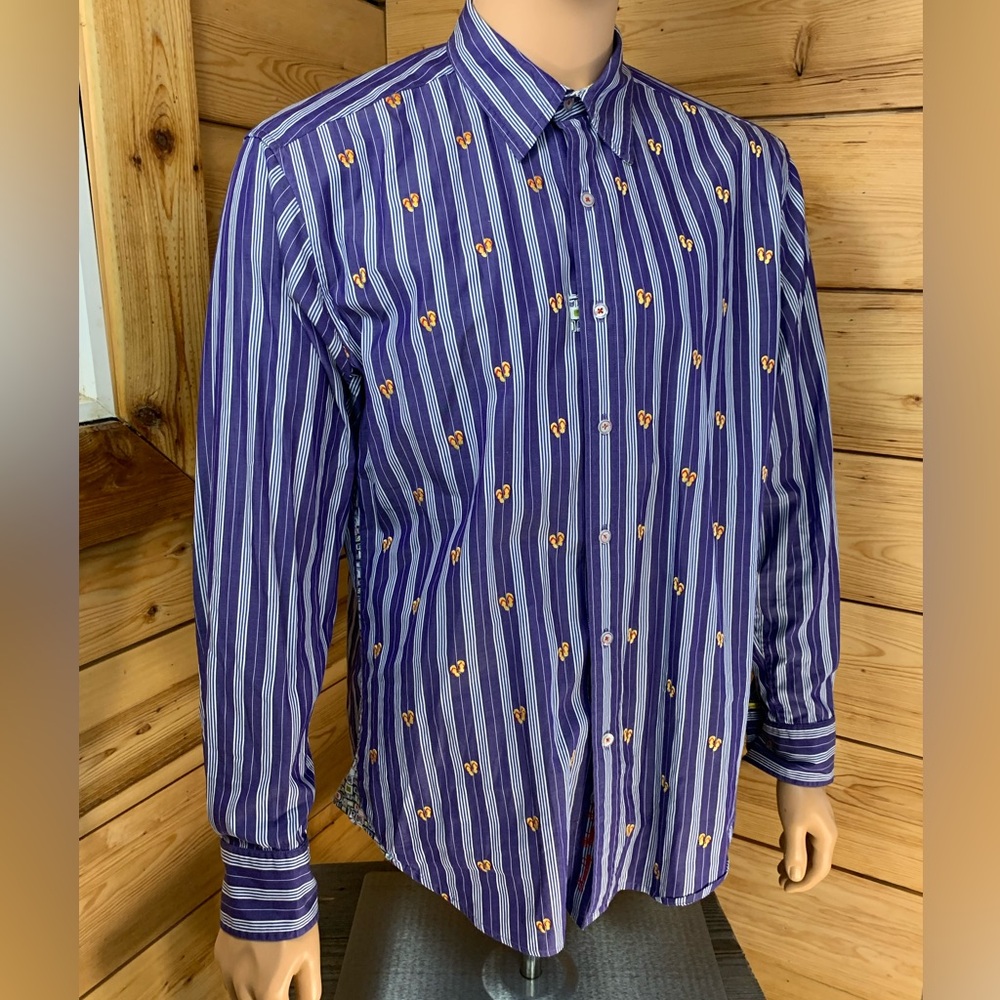 Robert Graham Large Purple Blue White Striped Dress Embroidered Shirt Flip Flop